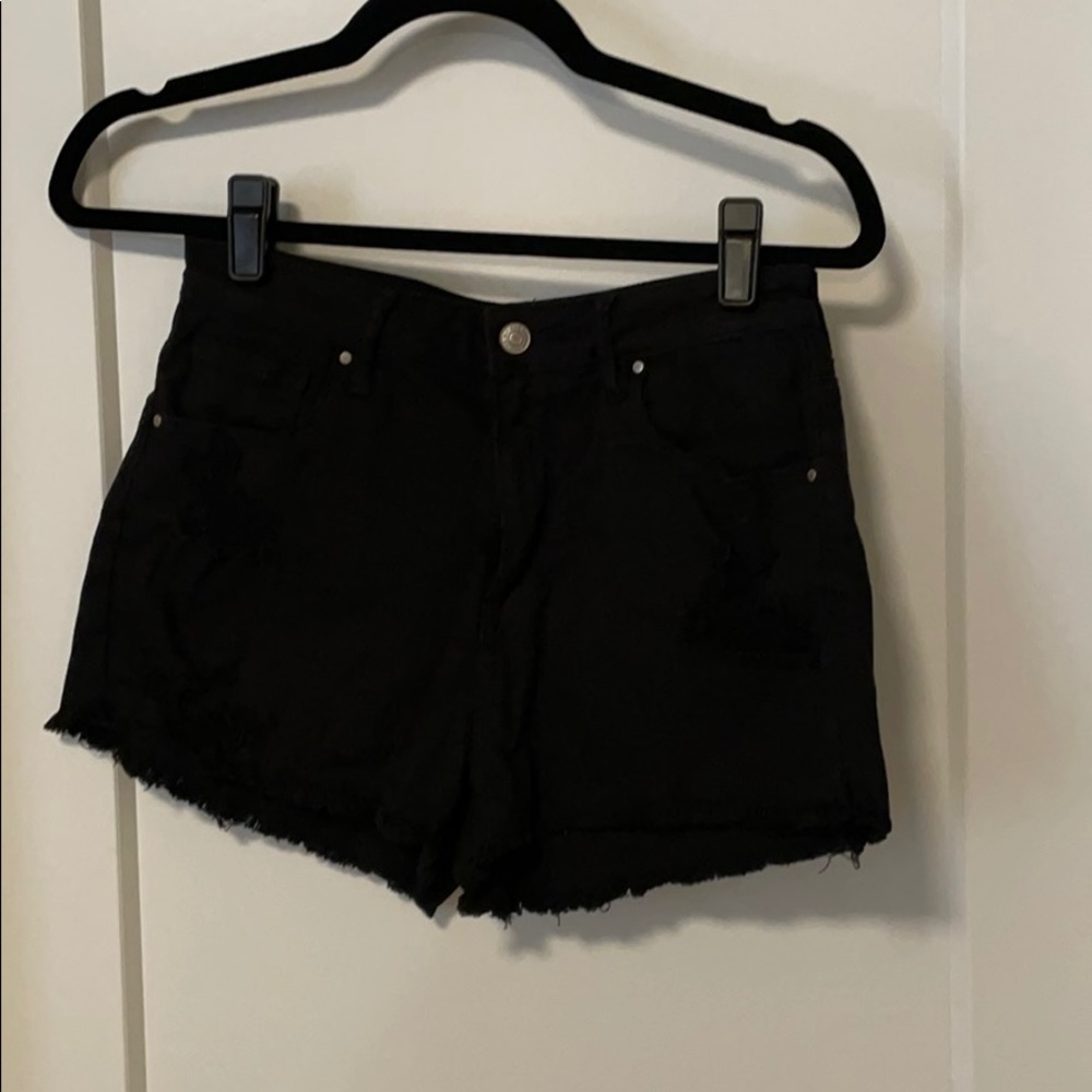 High rise distressed black denim shorts